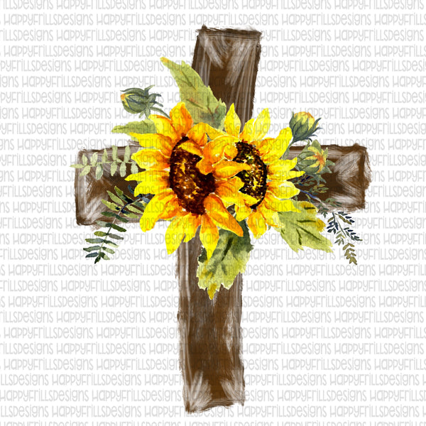 Wooden cross with sunflowers