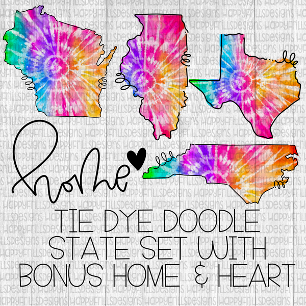 Doodle tie dye state set with bonus home