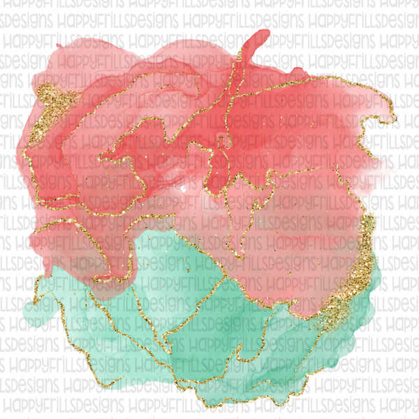 Watercolor teal/pink background with gold